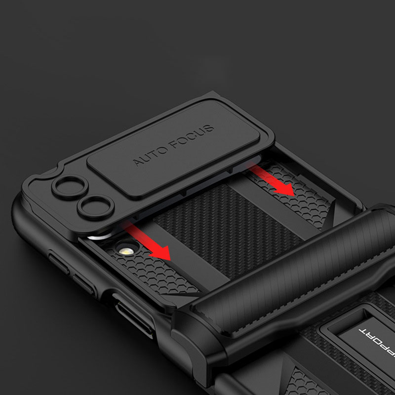 เหมาะสำหรับ Samsung Z Flip3/4 เคสโทรศัพท์มือถือกันกระแทกเกราะพร้อมกรอบรองรับโทรศัพท์มือถือ