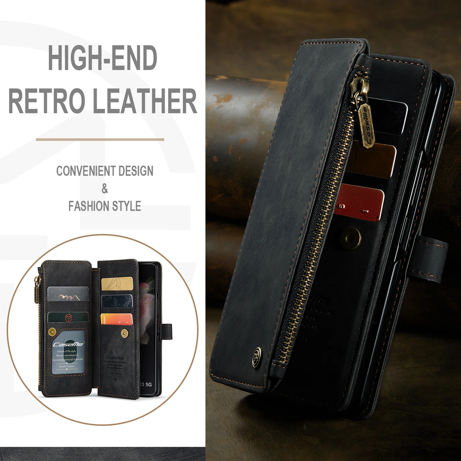 Luxury Retro Wallet Phone Case With 5 Cards Slot,Phone Stand And Zippe