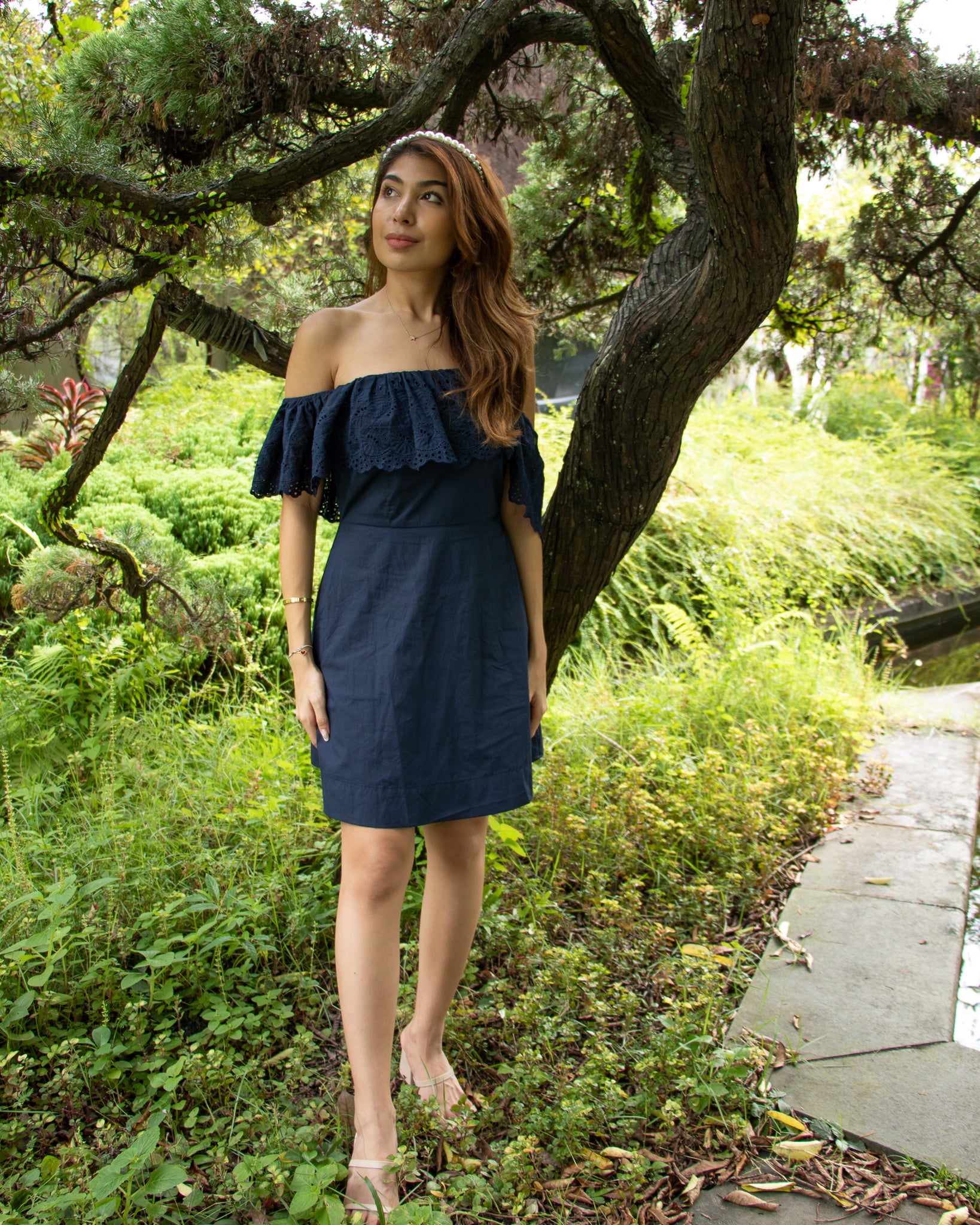 Valerie Eyelet Dress in Navy Blue