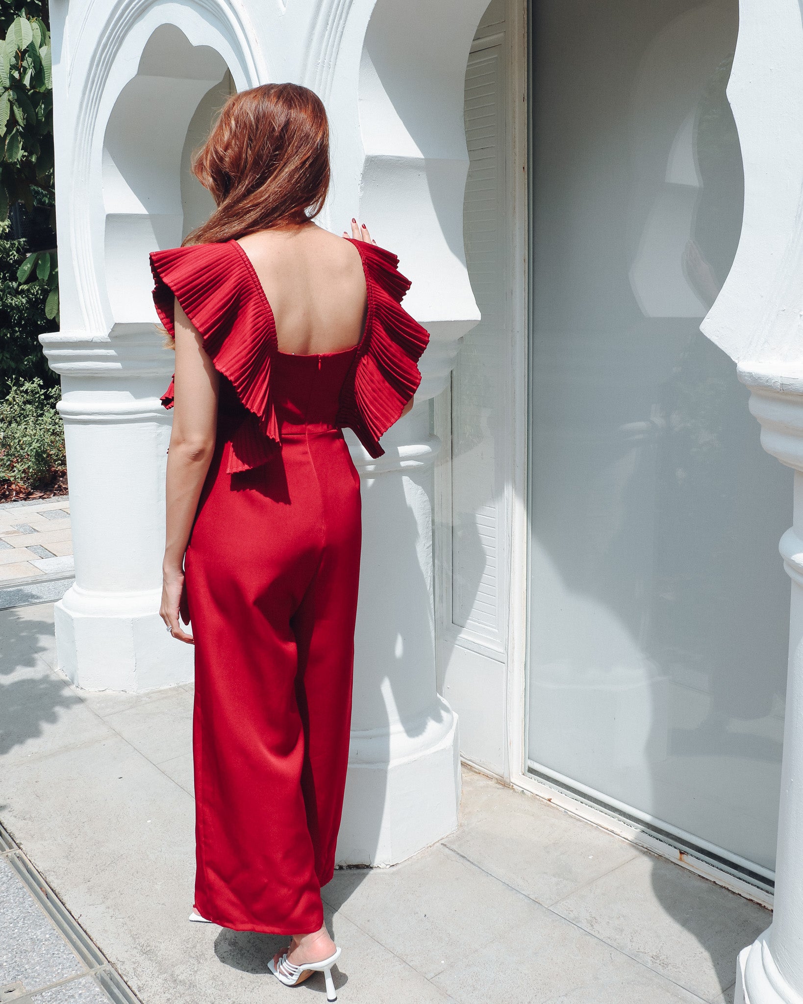 Ruby Ruffle Jumpsuit in Wine