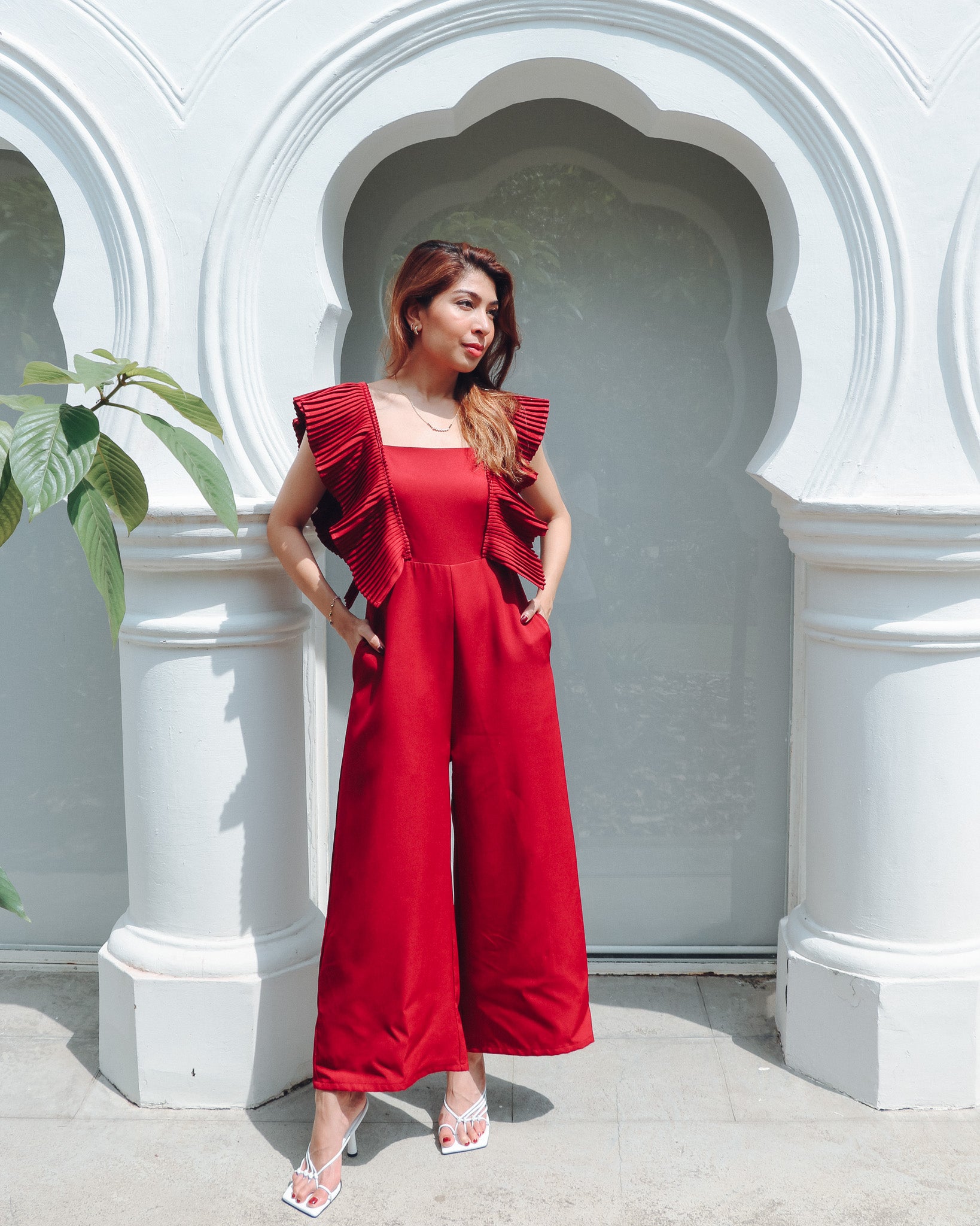 Ruby Ruffle Jumpsuit in Wine