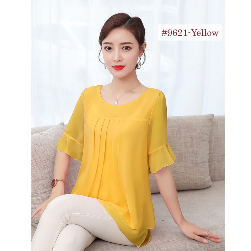 Korean Style Chiffon Short-sleeved Blouse Women plus size loose Plain Top Lady solid color Casual Floral Women Blouse