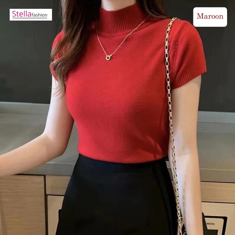 Stella Women's Solid Color Half Turtleneck Slim Tops Short Sleeve Knit