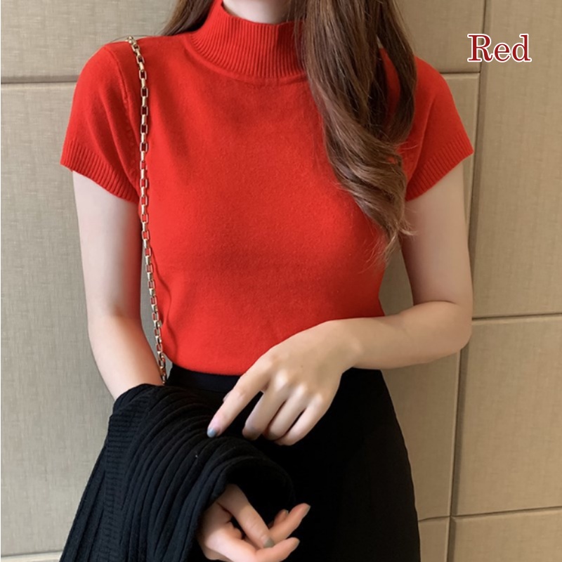 Stella Women's Solid Color Half Turtleneck Slim Tops Short Sleeve Knitted T-Shirt Korean Version Women's Top T-Shirt