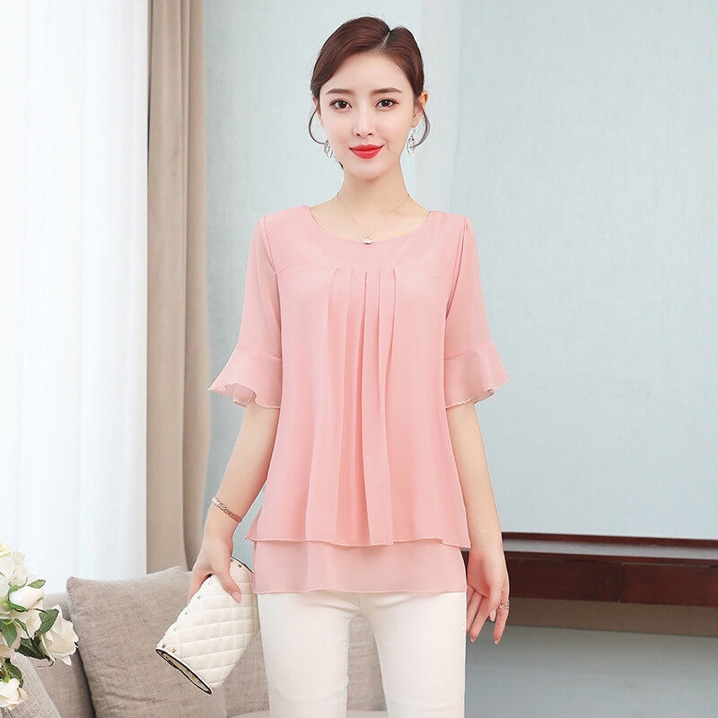 Korean Style Chiffon Short-sleeved Blouse Women plus size loose Plain Top Lady solid color Casual Floral Women Blouse