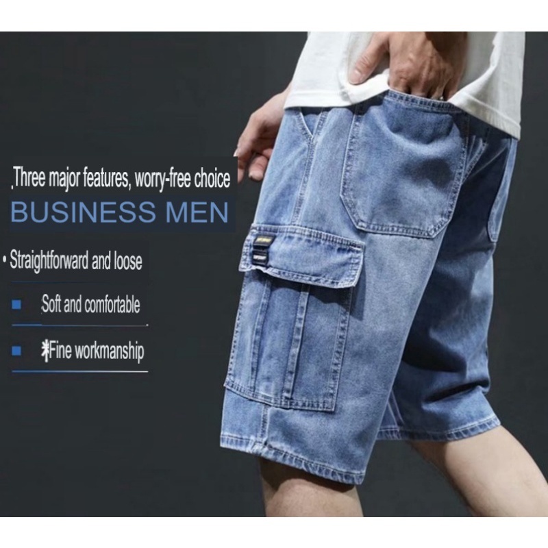 Stella Summer denim shorts male plus size loose straight Pants Korean trend multi-pocket pants  sports five-point  pant-Stella's Fashion