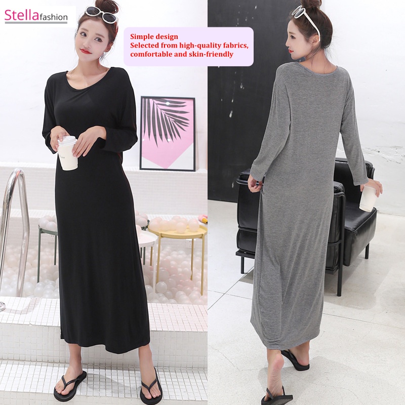 [Stella] Women Long Dress Home Wear Loose Base Plain Modal Long-Sleeved Long Skirt Female Outer Wear Long Dress Big Size