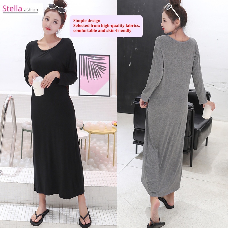 [Stella] Women Long Dress Home Wear Loose Base Plain Modal Long-Sleeved Long Skirt Female Outer Wear Long Dress Big Size