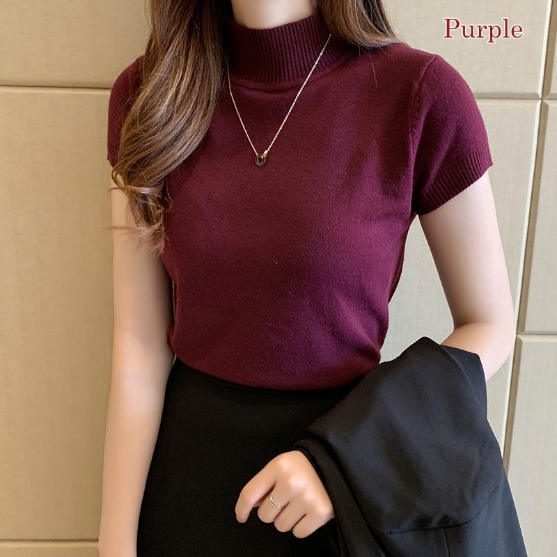 Stella Women's Solid Color Half Turtleneck Slim Tops Short Sleeve Knitted T-Shirt Korean Version Women's Top T-Shirt