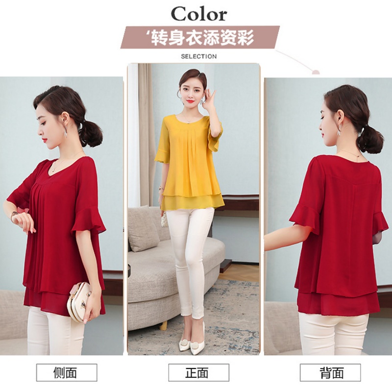 Korean Style Chiffon Short-sleeved Blouse Women plus size loose Plain Top Lady solid color Casual Floral Women Blouse