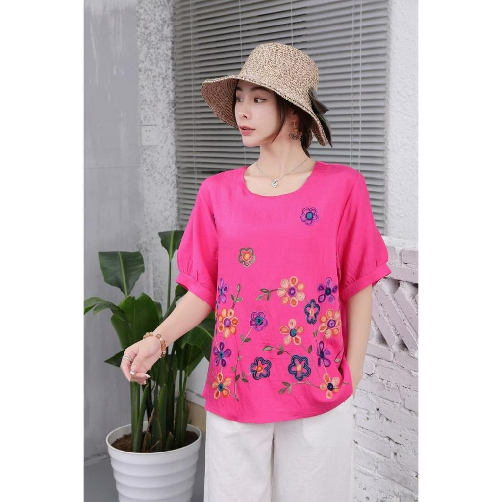 Stella Fashion Plus size Women Round Neck Short Sleeve Embroidery Flower Top Middle aged and elderly Ladies Blouse