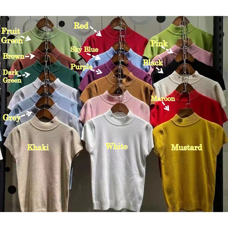 Stella Women's Solid Color Half Turtleneck Slim Tops Short Sleeve Knitted T-Shirt Korean Version Women's Top T-Shirt