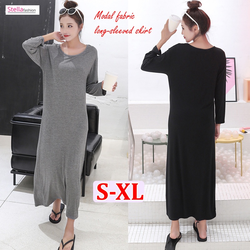 [Stella] Women Long Dress Home Wear Loose Base Plain Modal Long-Sleeved Long Skirt Female Outer Wear Long Dress Big Size