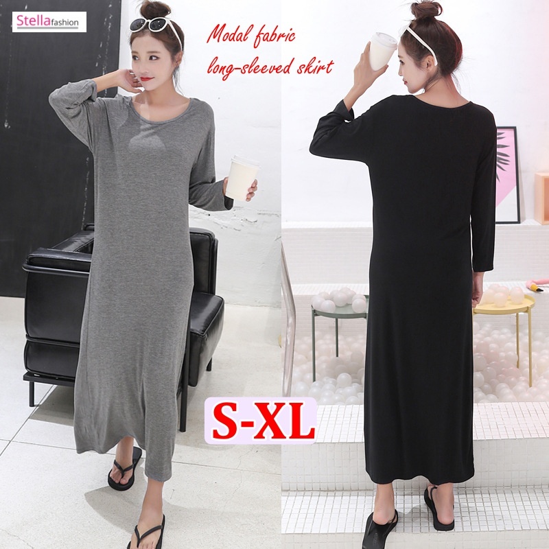 [Stella] Women Long Dress Home Wear Loose Base Plain Modal Long-Sleeved Long Skirt Female Outer Wear Long Dress Big Size