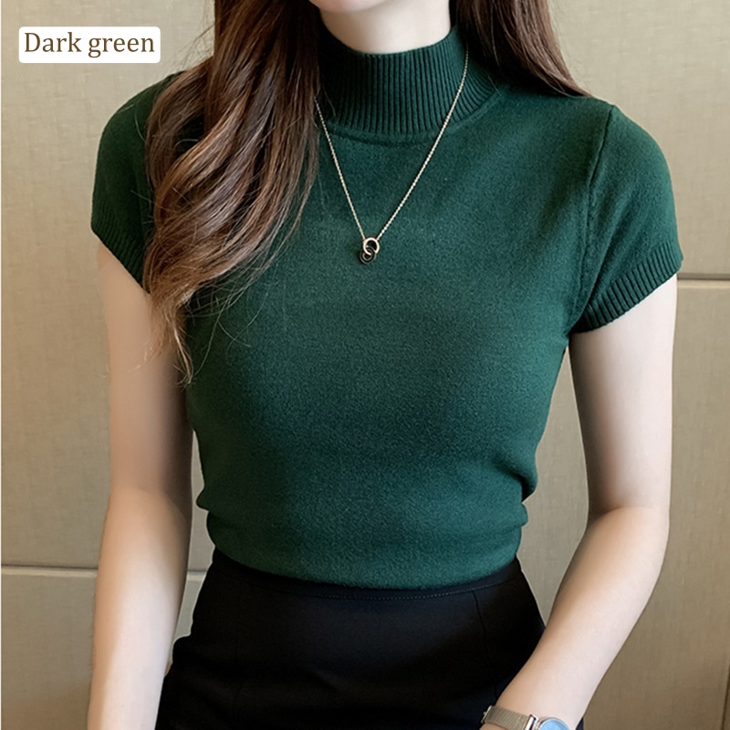 Stella Women's Solid Color Half Turtleneck Slim Tops Short Sleeve Knitted T-Shirt Korean Version Women's Top T-Shirt-Stella's Fashion