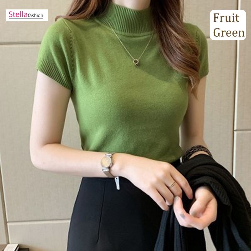 Stella Women's Solid Color Half Turtleneck Slim Tops Short Sleeve Knitted T-Shirt Korean Version Women's Top T-Shirt
