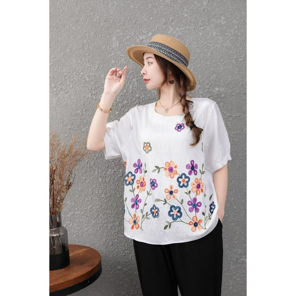 Stella Fashion Plus size Women Round Neck Short Sleeve Embroidery Flower Top Middle aged and elderly Ladies Blouse