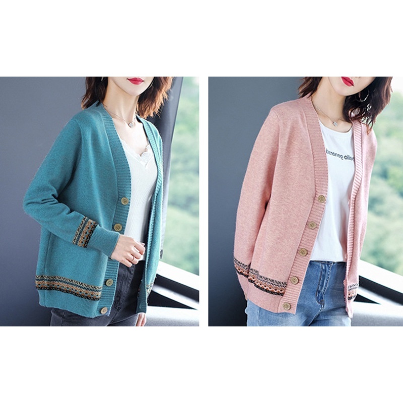 Stella Fashion Women Cardigan Sweater Knitted Sweater V-Neck Loose Long Sleeve Ethnic Style Bottoming Shirt-Stella's Fashion