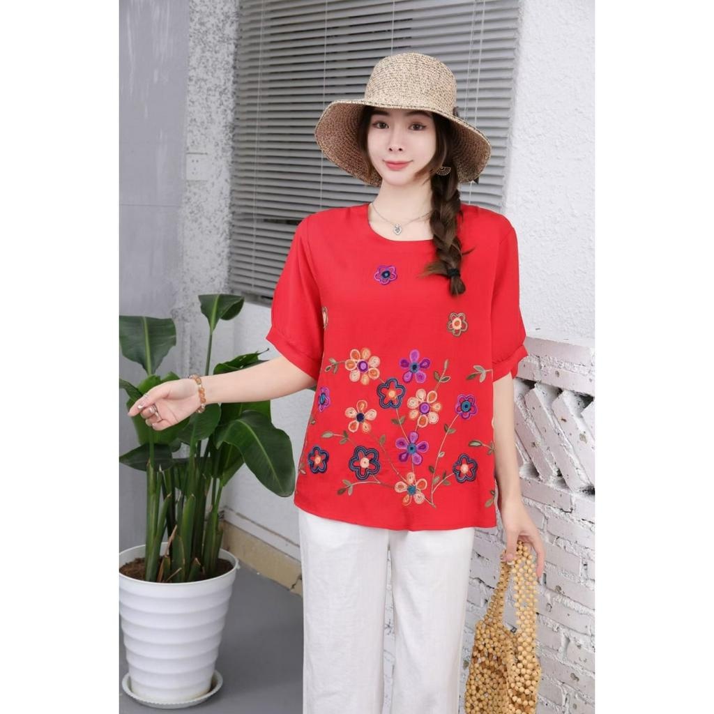 Stella Fashion Plus size Women Round Neck Short Sleeve Embroidery Flower Top Middle aged and elderly Ladies Blouse