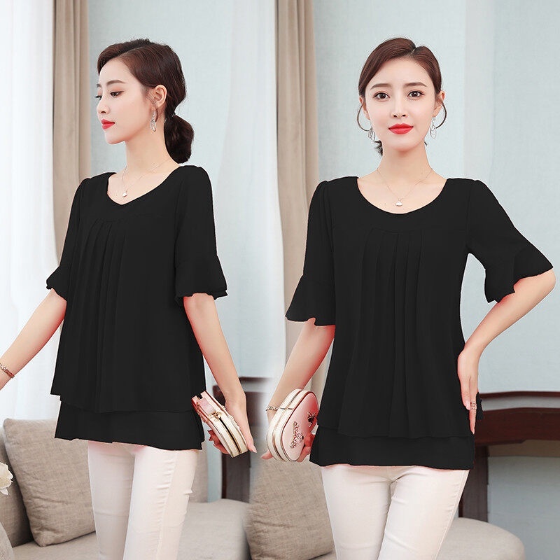Korean Style Chiffon Short-sleeved Blouse Women plus size loose Plain Top Lady solid color Casual Floral Women Blouse