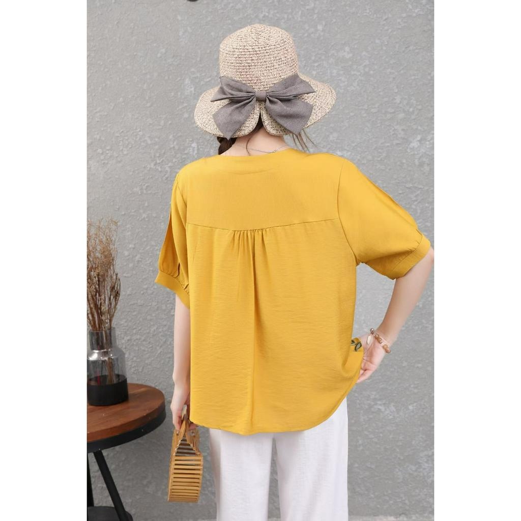 Stella Fashion Plus size Women Round Neck Short Sleeve Embroidery Flower Top Middle aged and elderly Ladies Blouse