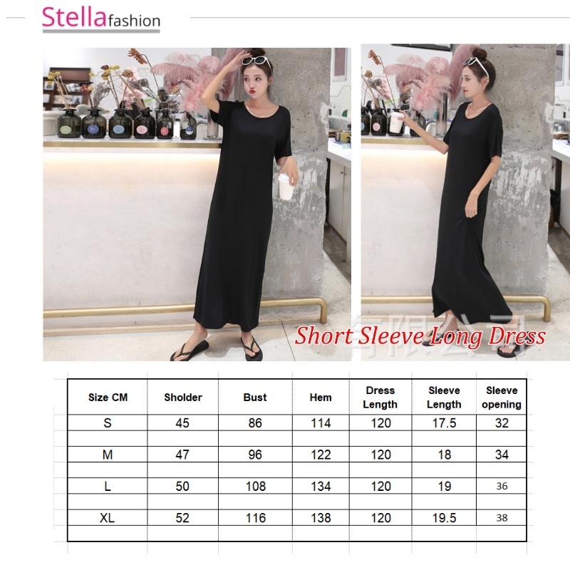 [Stella] Women Long Dress Home Wear Loose Base Plain Modal Long-Sleeved Long Skirt Female Outer Wear Long Dress Big Size