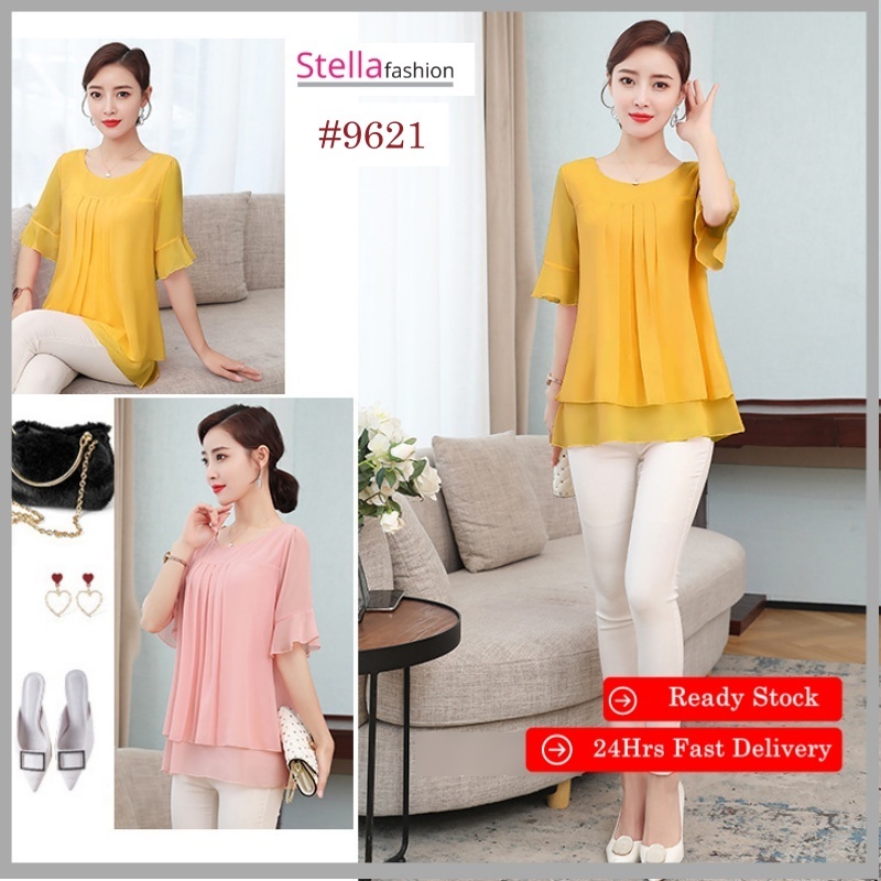 Korean Style Chiffon Short-sleeved Blouse Women plus size loose Plain Top Lady solid color Casual Top-Stella's Fashion