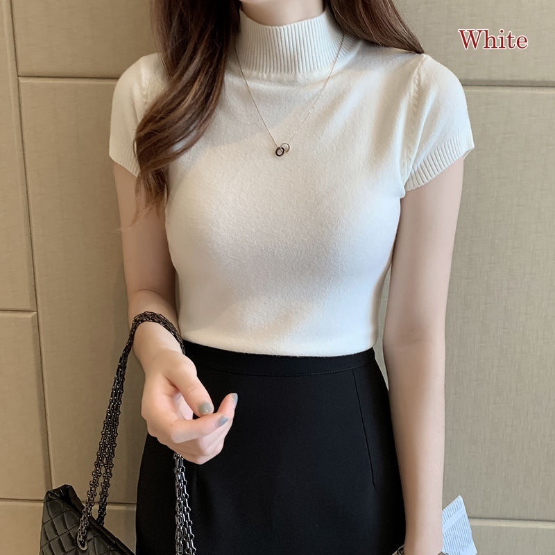 Stella Women's Solid Color Half Turtleneck Slim Tops Short Sleeve Knitted T-Shirt Korean Version Women's Top T-Shirt-Stella's Fashion