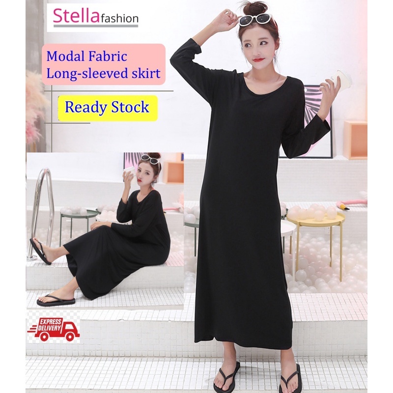 [Stella] Women Long Dress Home Wear Loose Base Plain Modal Long-Sleeved Long Skirt Female Outer Wear Long Dress Big Size