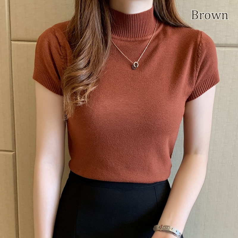 Stella Women's Solid Color Half Turtleneck Slim Tops Short Sleeve Knitted T-Shirt Korean Version Women's Top T-Shirt