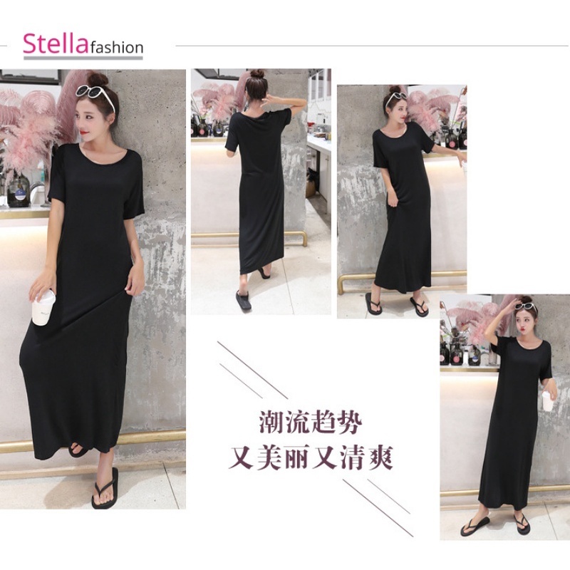 [Stella] Women Long Dress Home Wear Loose Base Plain Modal Long-Sleeved Long Skirt Female Outer Wear Long Dress Big Size