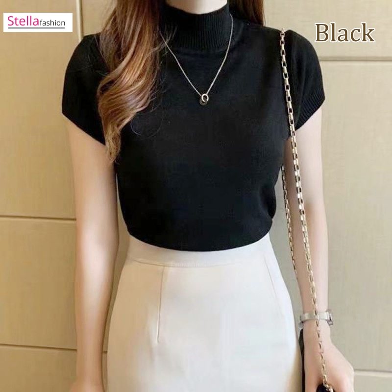 Stella Women's Solid Color Half Turtleneck Slim Tops Short Sleeve Knitted T-Shirt Korean Version Women's Top T-Shirt-Stella's Fashion