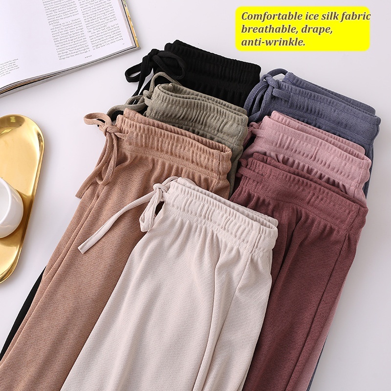 Summer Ice Silk Wide-Leg Pants Women’s Casual Pants High Waist Large Size Thin Knitted Pants  Straight-Leg Pants