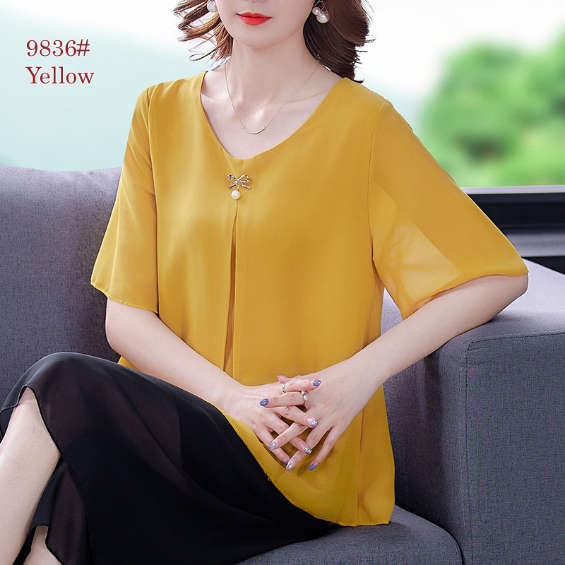 Korean Style Chiffon Short-sleeved Blouse Women plus size loose Plain Top Lady solid color Casual Floral Women Blouse