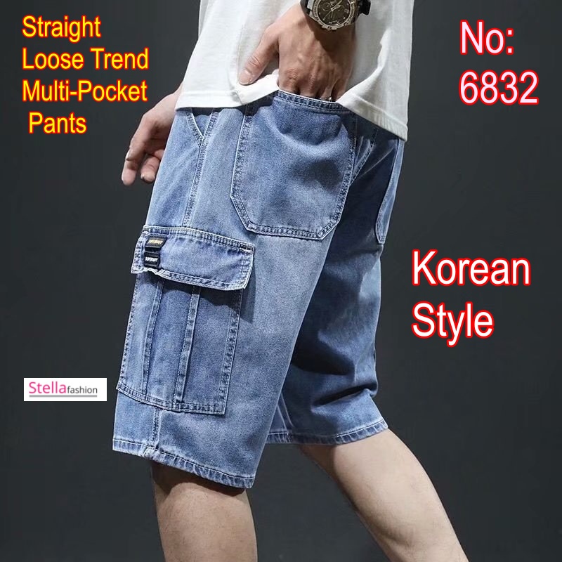 Stella Summer denim shorts male plus size loose straight Pants Korean trend multi-pocket pants  sports five-point  pant