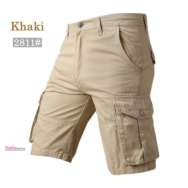 Stella Fashion [Ready Stock]Men Cotton bermuda Cargo Pants Summer Pocket Pants Plain Casual Short Pants for Men