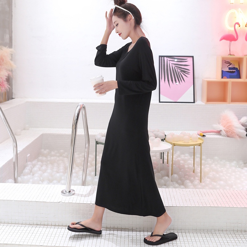 [Stella] Women Long Dress Home Wear Loose Base Plain Modal Long-Sleeved Long Skirt Female Outer Wear Long Dress Big Size-Stella's Fashion