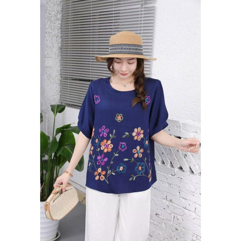Stella Fashion Plus size Women Round Neck Short Sleeve Embroidery Flower Top Middle aged and elderly Ladies Blouse