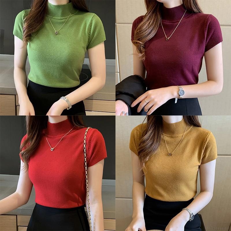 Stella Women's Solid Color Half Turtleneck Slim Tops Short Sleeve Knitted T-Shirt Korean Version Women's Top T-Shirt-Stella's Fashion