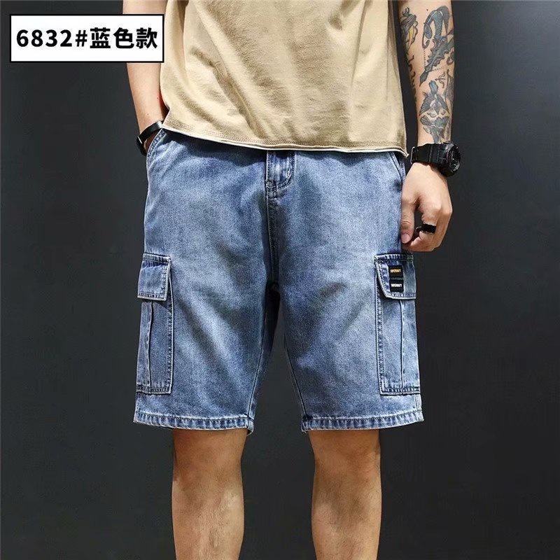 Stella Summer denim shorts male plus size loose straight Pants Korean trend multi-pocket pants  sports five-point  pant