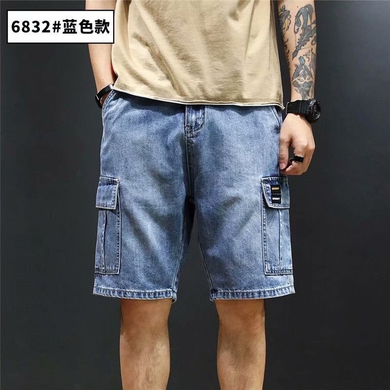Stella Summer denim shorts male plus size loose straight Pants Korean trend multi-pocket pants  sports five-point  pant