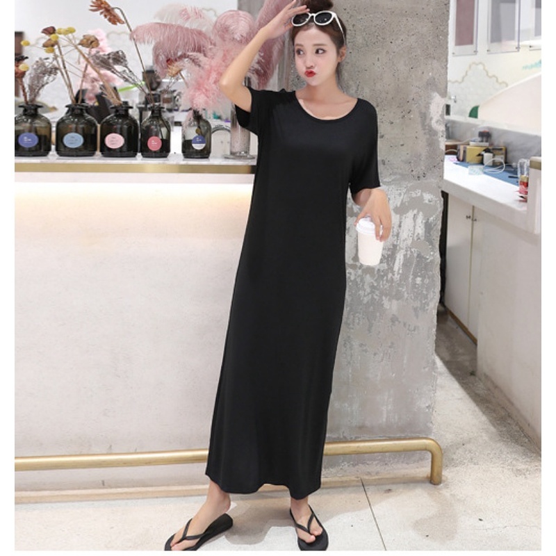 [Stella] Women Long Dress Home Wear Loose Base Plain Modal Long-Sleeved Long Skirt Female Outer Wear Long Dress Big Size