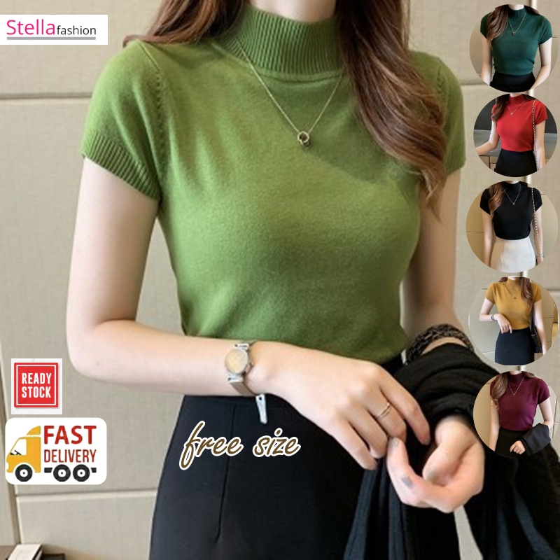 Stella Women's Solid Color Half Turtleneck Slim Tops Short Sleeve Knitted T-Shirt Korean Version Women's Top T-Shirt
