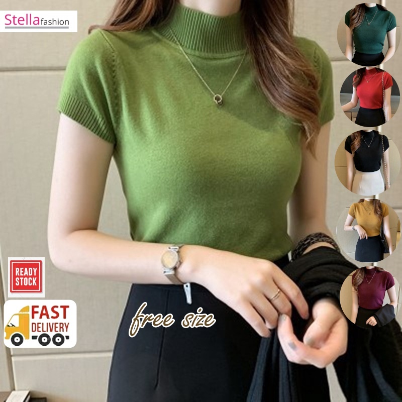 Stella Women's Solid Color Half Turtleneck Slim Tops Short Sleeve Knitted T-Shirt Korean Version Women's Top T-Shirt