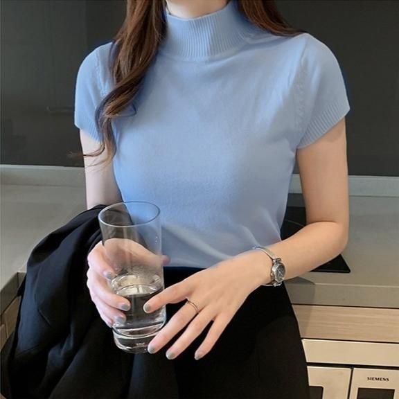Stella Women's Solid Color Half Turtleneck Slim Tops Short Sleeve Knitted T-Shirt Korean Version Women's Top T-Shirt