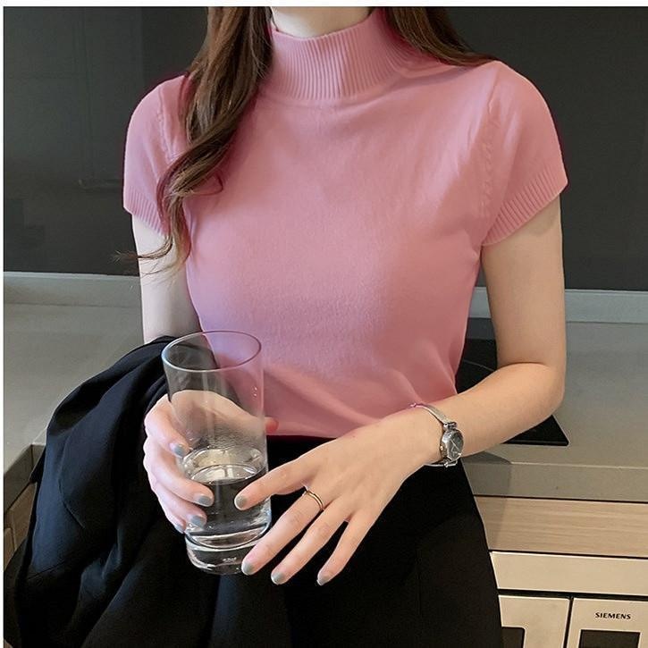 Stella Women's Solid Color Half Turtleneck Slim Tops Short Sleeve Knitted T-Shirt Korean Version Women's Top T-Shirt