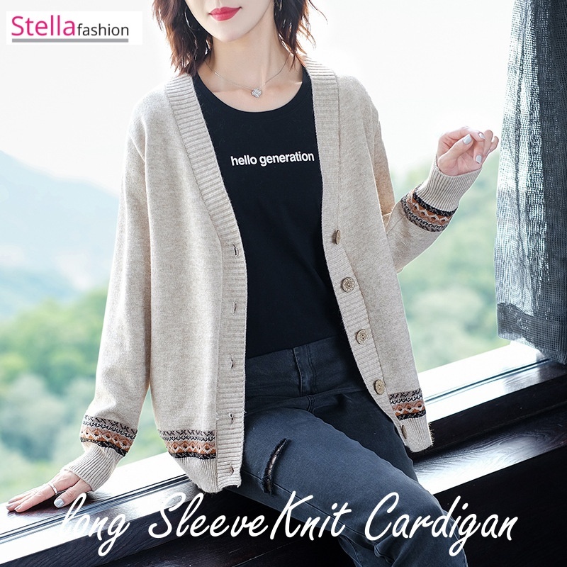 Stella Fashion Women Cardigan Sweater Knitted Sweater V-Neck Loose Long Sleeve Ethnic Style Bottoming Shirt-Stella's Fashion