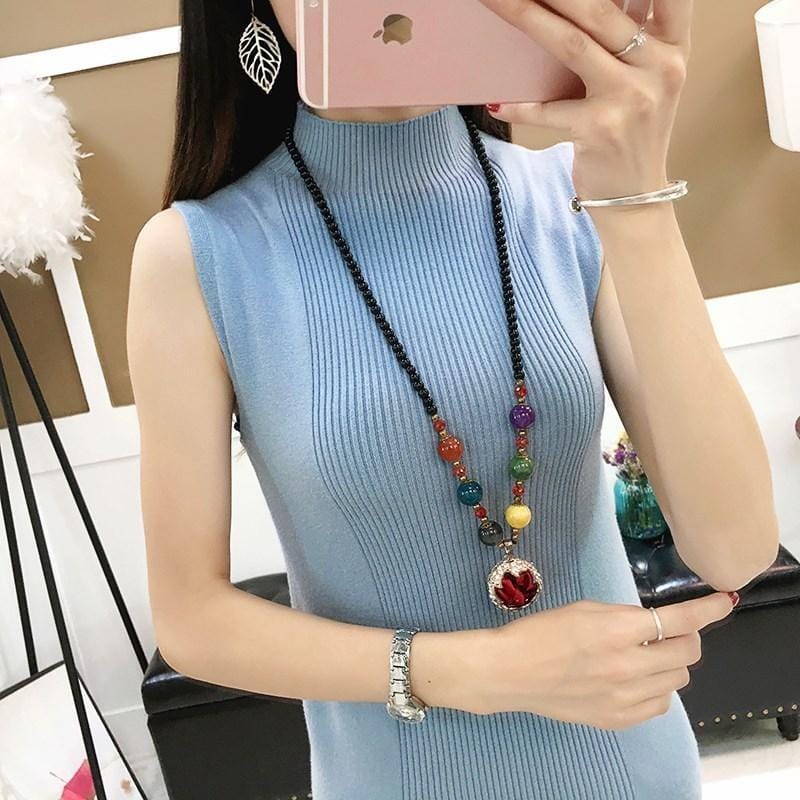 [Stella Fashion] Korean Women's slim Sleeveless Cotton Camisole High Collar Turtleneck  Tank Top Sleeveless Top Knit Top-Stella's Fashion