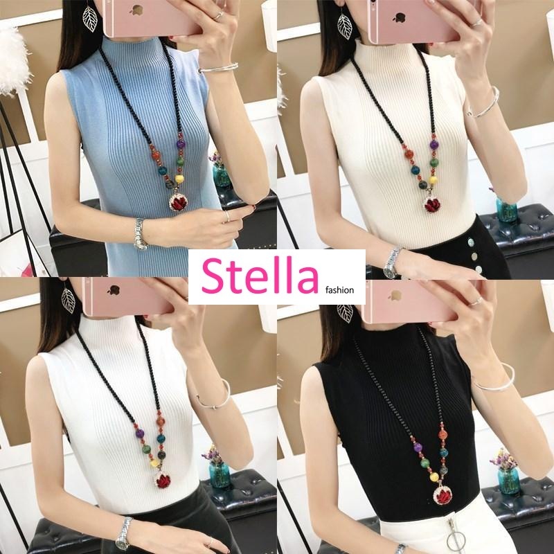 [Stella Fashion] Korean Women's slim Sleeveless Cotton Camisole High Collar Turtleneck  Tank Top Sleeveless Top Knit Top-Stella's Fashion