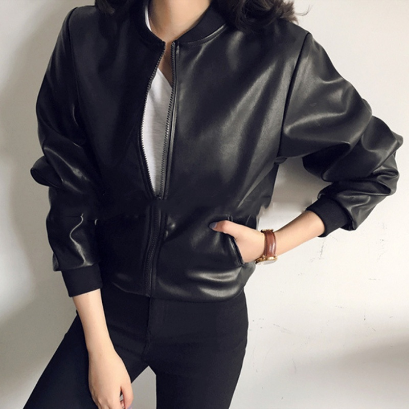 Korean Thin Leather Jacket Black Bomber Pu leather Jacket Short Retro Stand Collar Zip Black Loose Short Black Jackets